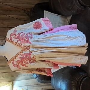 Veveret Embroidered Babydoll Shift Dress Mini Boho Hippie Linen Artsy Floral